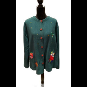 Vintage Fleece Green Jacket Unique Gift Buttons Appliqué Christmas Scene Sz 2X